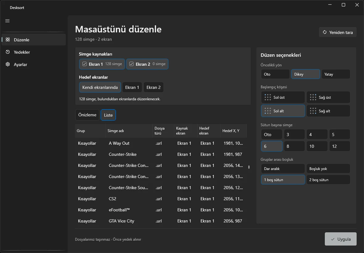 Desksort liste ekranı